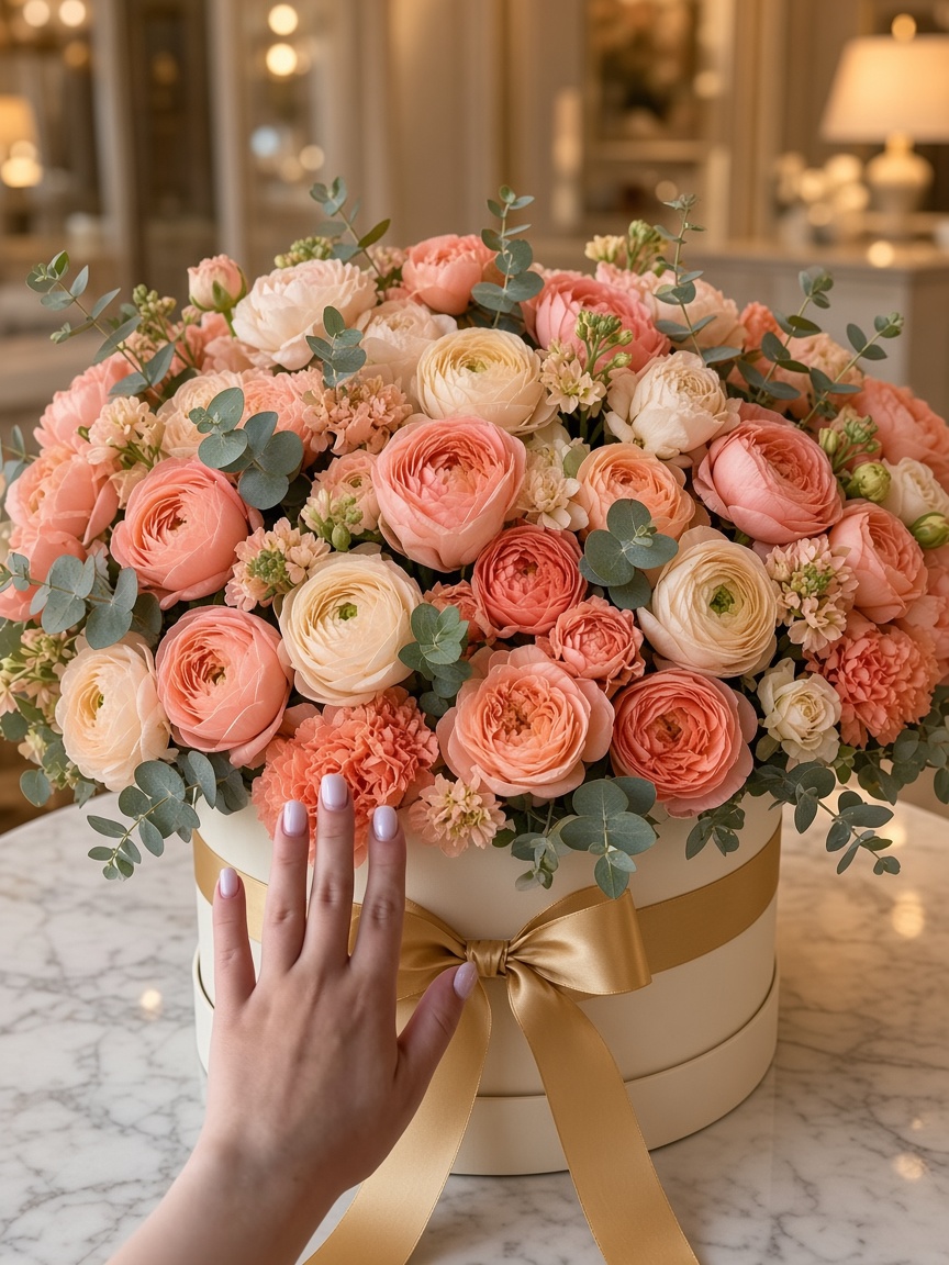 Ранункулюс в шляпной коробке